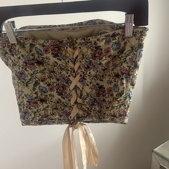 Denim Tapestry Corset Top strapless with Ribbon Lace up Back - Picture 2 of 5